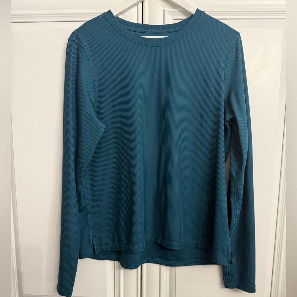 Danskin Women's Large Ultimate Rib Long Sleeve Tee Dark Blue/Green Thumb Holes